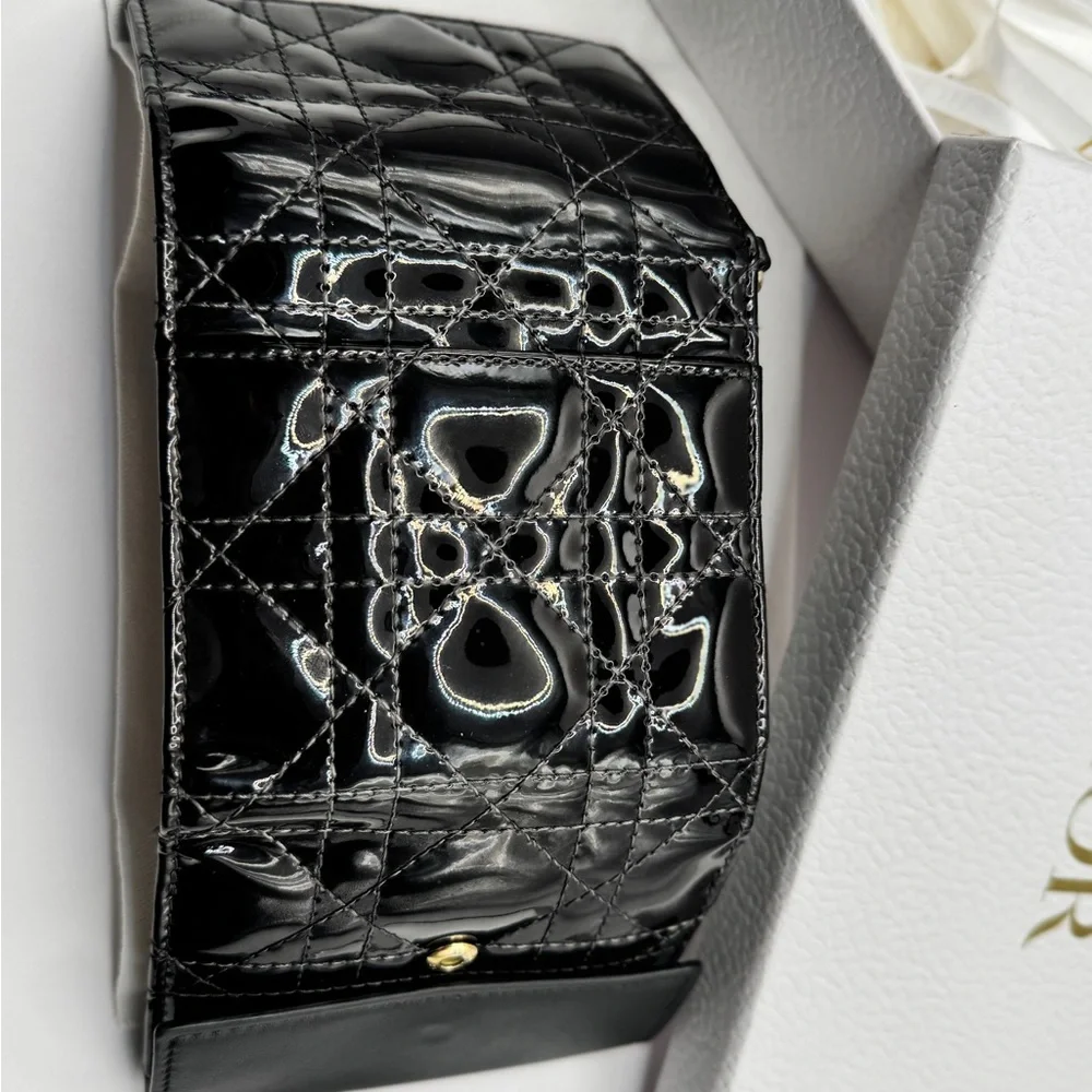 Dior Lady Dior Patent Cannage Compact Wallet